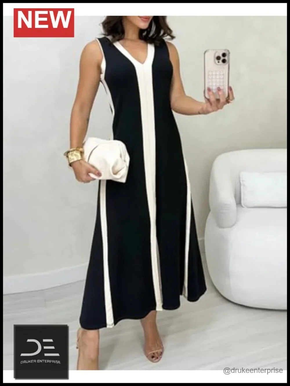 Sleeveless V Neck Color Block Midi Dress with Slit